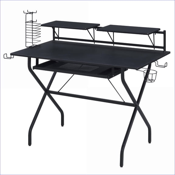 Desks, Industrial 47.5"W Computer Desk with Keyboard Tray, Headset Hooks, Game Rack | Black | Wood+Metal