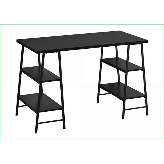 Desks, Industrial Computer Desk with Storage Shelves, 48”L Black Laminate Top, Black Metal Legs | Black | Metal