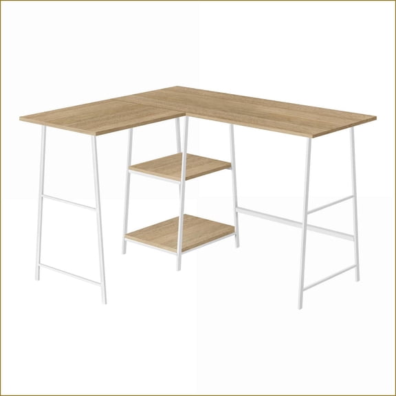 Desks, Industrial Corner Computer Desk with Storage, 47.25"L, Natural Laminate, White Metal | Natural | Metal