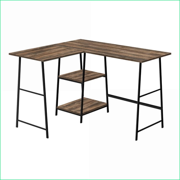 Desks, Industrial Corner Computer Desk with Storage Shelves, 47”L x 42”W, Brown Laminate | Black Metal
