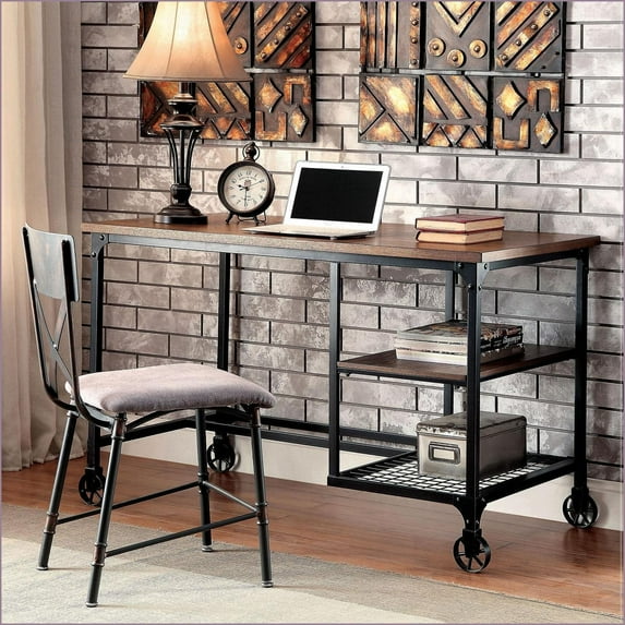 Desks Industrial Inspired 48"W x 26"D x 30"H with Wire Shelving & Caster Wheel Accents, Replicated Wood Top | Antique Black | Metal