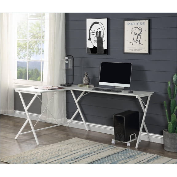 Desks, Industrial L-Shape White Computer Desk with CPU Holder | White | Metal & Wood