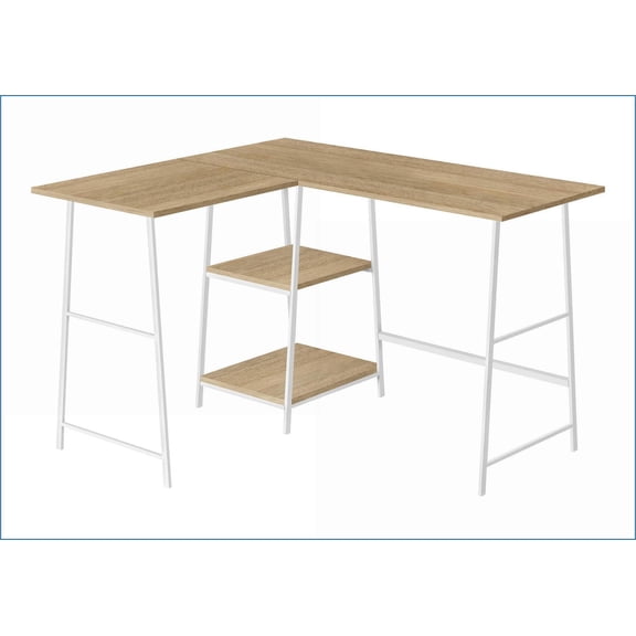 Desks, Industrial L-Shaped Corner Desk with Storage Shelves, 47.25'' L Natural Laminate Top White Metal Legs | Natural | Metal