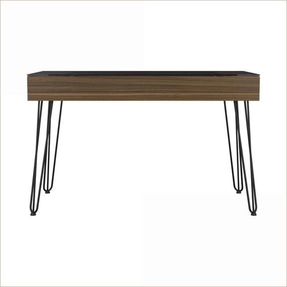 Desks | Industrial Office Desk with Spacious Drawer, Glass Top, Metal Legs | Mahogany | Particle Board