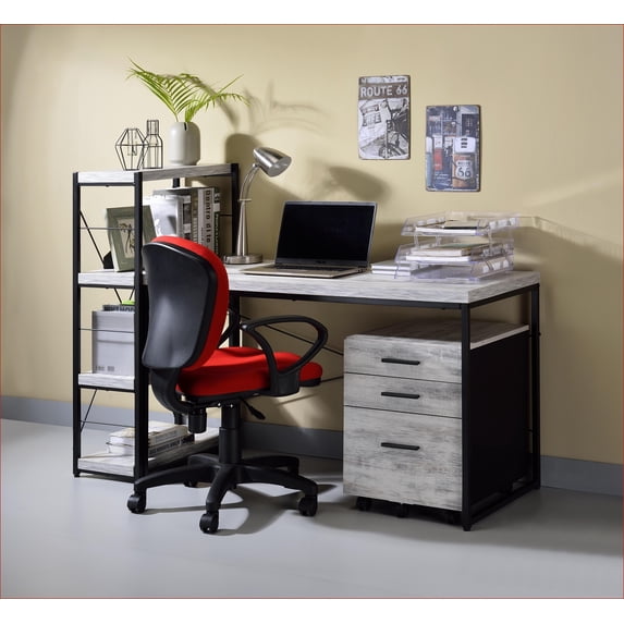 Desks, Industrial Rectangular Writing Desk - No Storage, Faux Concrete Top, Metal Sled Base | Antique White & Black Finish | Metal,Synthetic Wood
