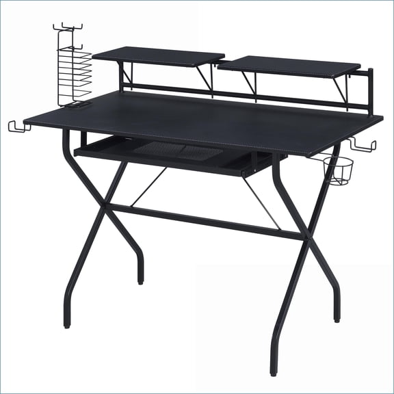 Desks, Industrial Black Wood & Metal Computer Desk with Keyboard Tray, Headset Hooks & Game Rack | 47.5” Wide | Black | Wood+Metal