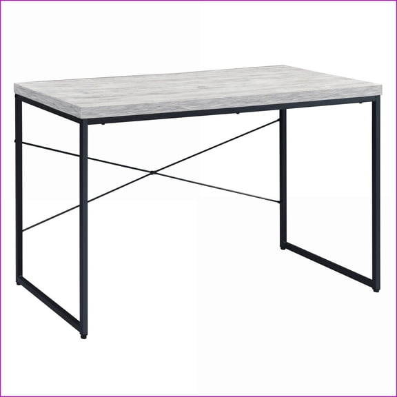 Desks Industrial Writing Desk with Faux Concrete Top & Metal Sled Base | Antique White & Black | Wood+Metal