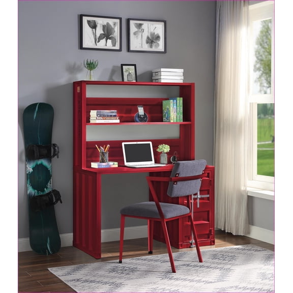 Desks, Industrial Writing Desk with Hutch | Storage Compartments | Metal Frame | Cargo Red Finish