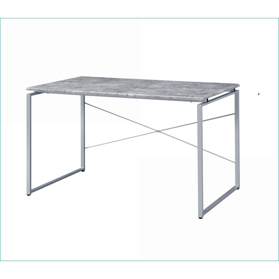 Desks Industrial Writing Desk with Wooden Top & Metal Sled Base, Faux Concrete & Silver Finish, 47W x 22D x 28H | Metal | Silver