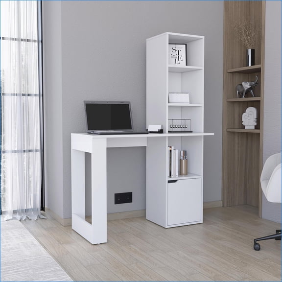 Desks, Iowa Computer Desk with 1-Cabinet & 4-Tier Bookcase | White | Engineered Wood