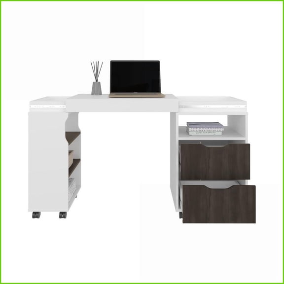 Desks, Keller Extendable White/Dark Walnut Desk with Storage & Casters | Multi | Engineered Wood