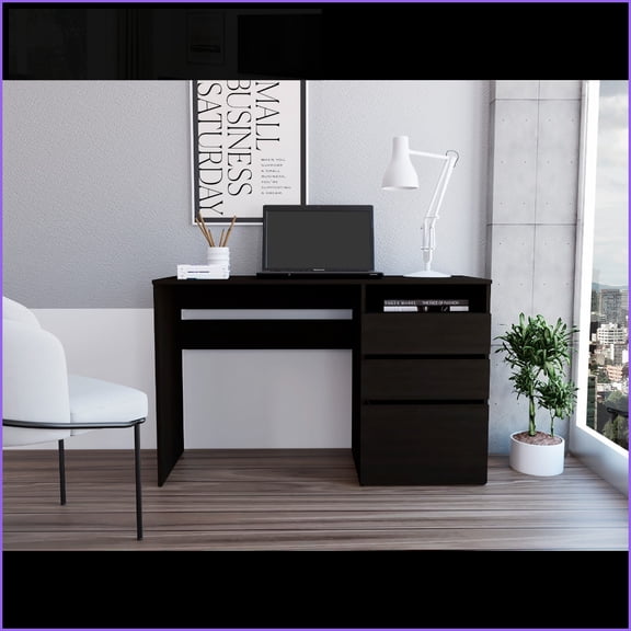 Desks | Kenai Computer Desk with 3 Drawers, 1 Shelf & Cubby Space - 47.4 Inches Wide | Black | Particle Board