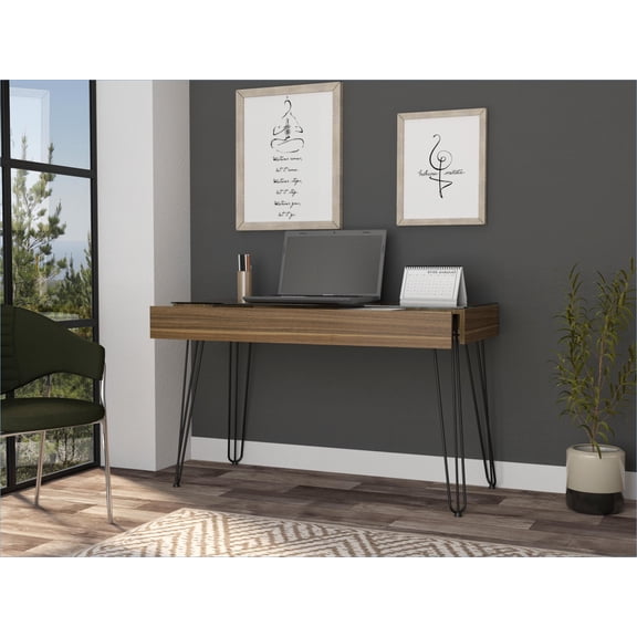 Desks, Kyoto 120 Industrial Writing Desk with 1 Drawer, Glass Top, Hairpin Legs | Brown | Particle Board