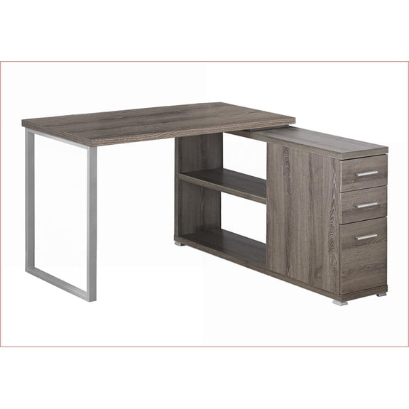 Desks, Modern L-Shaped Home Office Desk with Left/Right Setup & Storage Drawers, Brown Laminate/Grey Metal | Taupe | Particle Board