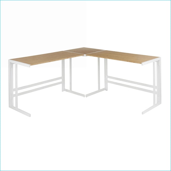Desks | L-Shape Industrial Desk with White Metal Frame & Natural Bamboo Top by LumiSource | Natural | Bamboo