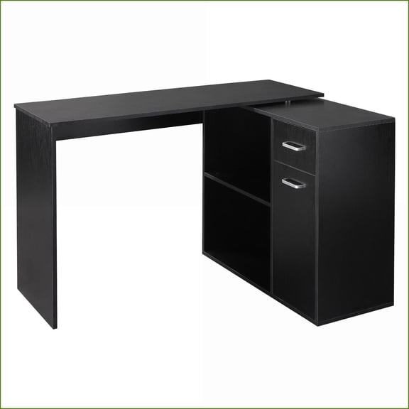 Desks, 180 Rotating L-Shaped Home Office Desk with Storage | Black | P2 Particle Board