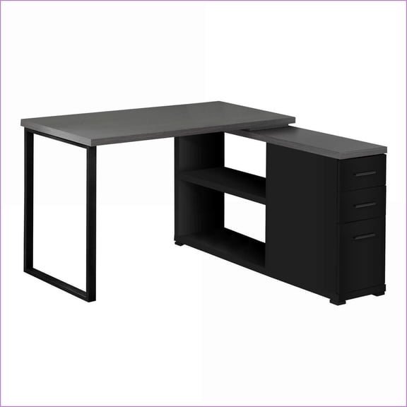 Desks, L-Shaped Corner Home Office Desk with Left/Right Setup & 3 Drawers, Black/Grey Laminate, Black Metal, Modern | Black | Particle Board