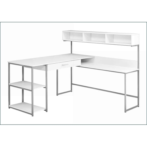 Desks L-Shaped Home Office Corner Desk with Storage Drawers Cubbies Shelves, White Laminate Grey Metal Modern | White | MDF