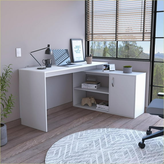 Desks | L-Shaped with Right Return, 59” Spacious Top, Storage Cabinet & Shelves | White | Engineered Wood