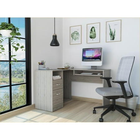 Desks, L-Shaped Home Office Desk with Drawers, Shelf & CPU Storage | Light Gray | Particle Board