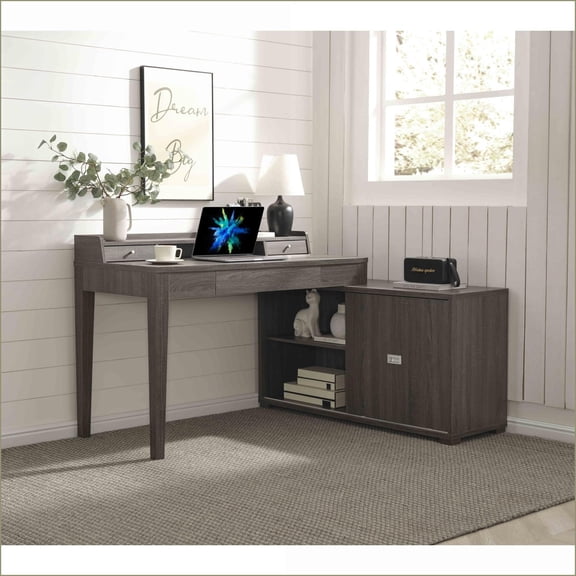 Desks L-Shaped Home Office Desk with Mini Hutch, 3 Drawers, Reversible Credenza & USB Charging | Grey | Particle Board+MDF