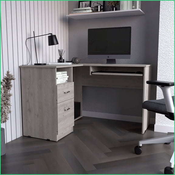 Desks | L-Shaped Left Return Desk with Keyboard Tray, 2 Drawers, Open Shelf | Light Gray | Particle Board