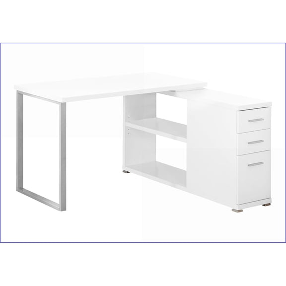 Desks, L-Shaped Modern Corner Computer Desk with Left/Right Setup & Storage Drawers, White Laminate Grey Metal | White | Particle Board