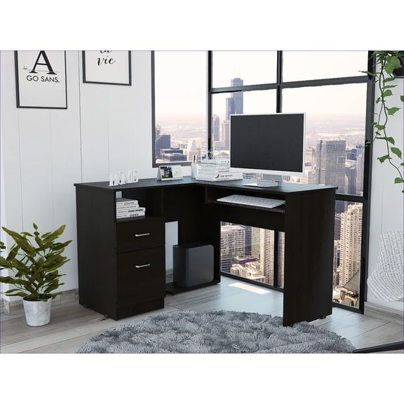 Desks L-Shaped with Left Return, Keyboard Tray, 2 Drawers & Open Shelf | Black | Particle Board