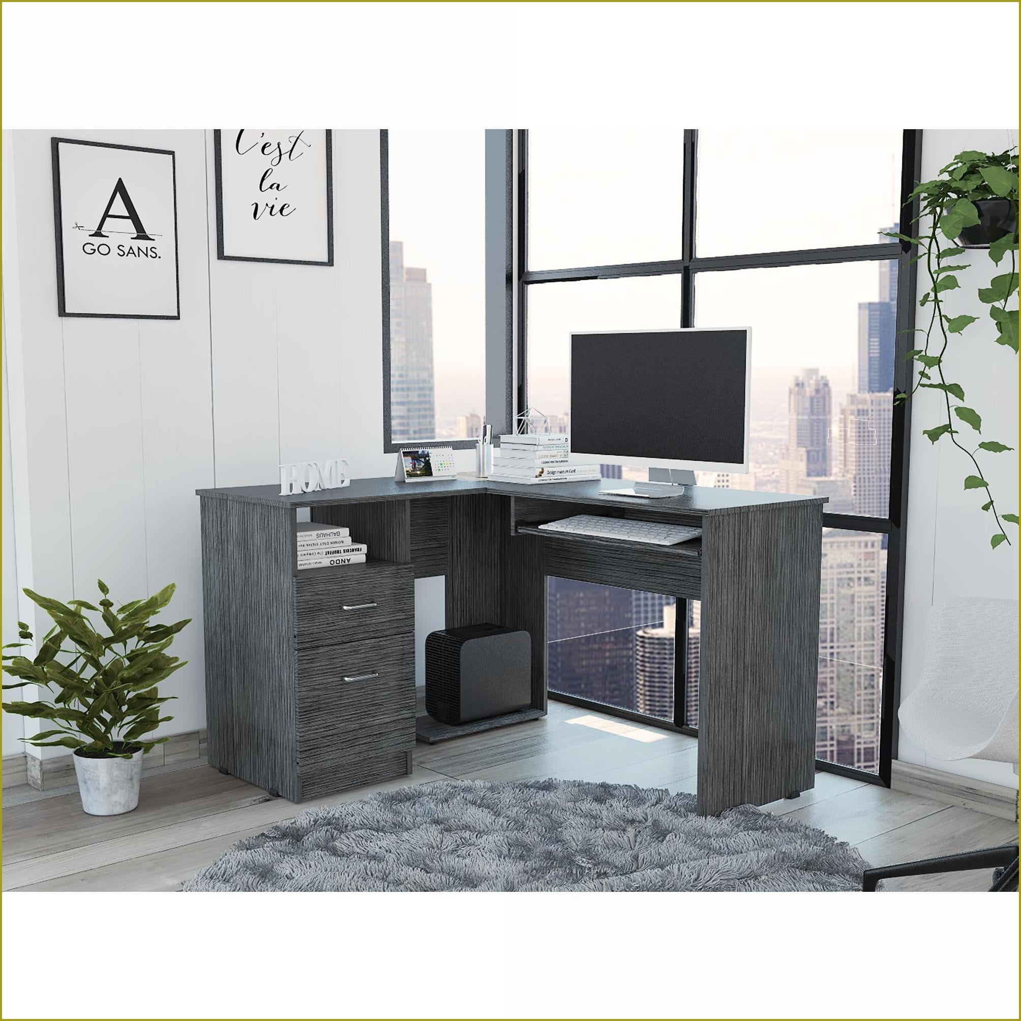 Desks L-Shaped with Keyboard Tray, Two Drawers, Open Shelf - Smokey Oak | Gray | Particle Board