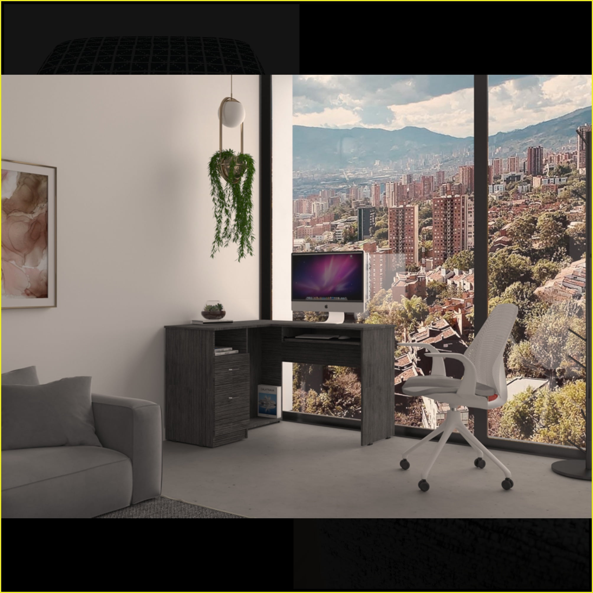 Desks, L-Shaped with Left Return, Keyboard Tray, 2 Drawers, Open Shelf, Smokey Oak | Particle Board | Gray