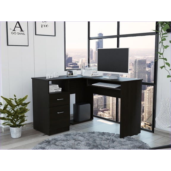 Desks L-Shaped with Left Return, Keyboard Tray, 2 Drawers & Open Shelf - Black | Particle Board