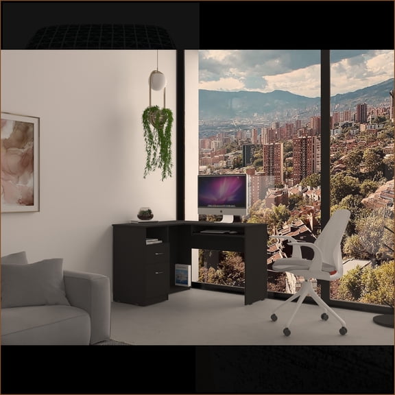 Desks L-Shaped with Left Return, Keyboard Tray, Drawers & Shelf | Black | Particle Board