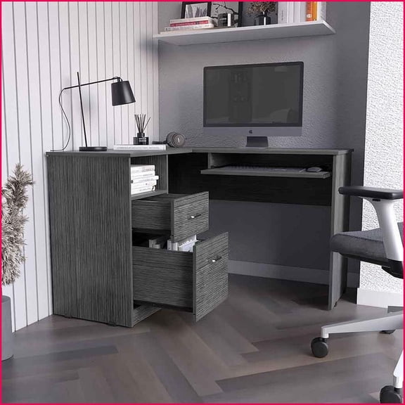 Desks, L-Shaped with Left Return & Keyboard Tray, Smokey Oak | Particle Board | Gray