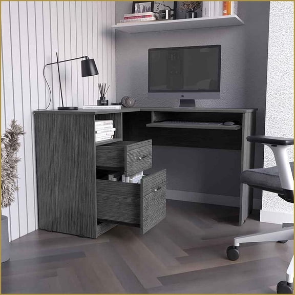 Desks, L-Shaped with Left Return & Retractable Keyboard Shelf, Smokey Oak Finish | Particle Board | Gray