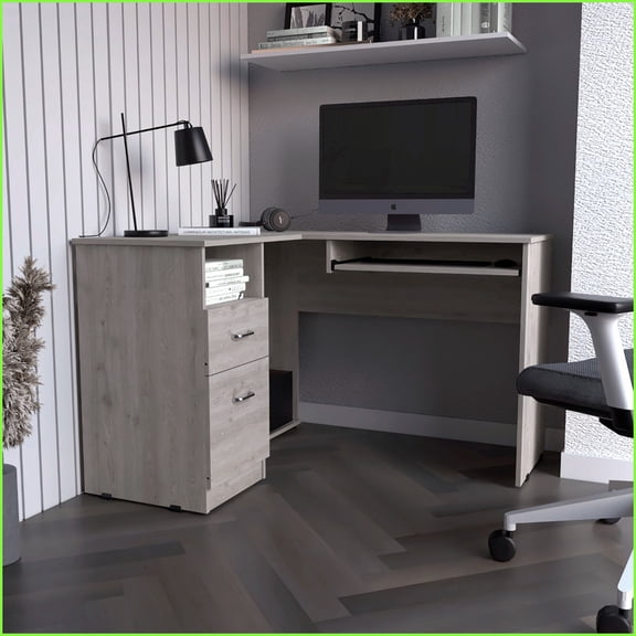 Desks, L-Shaped with Left Return, Keyboard Tray, 2 Drawers & Open Shelf, Light Gray | Particle Board