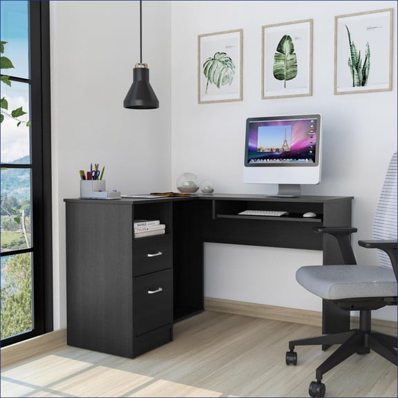 Desks, L-Shaped with Left Return, Retractable Keyboard Tray, Black Wengue Finish | Black | Particle Board