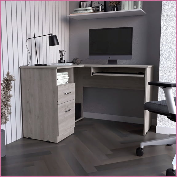 Desks, L-Shaped with Left Return, Retractable Keyboard Tray, Two Drawers, Open Shelf, Light Gray | Particle Board