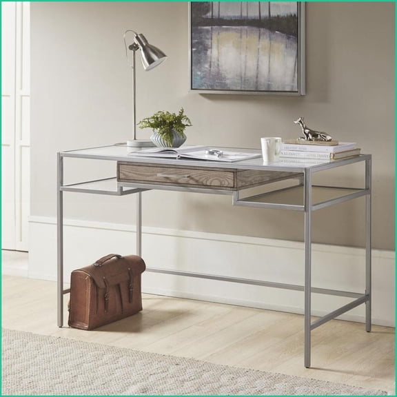 Desks, Madison Park Adela Contemporary Metal Writing Desk with Tempered Glass Top & Drawer, 48W x 24D x 30H | Antique Silver | Wood