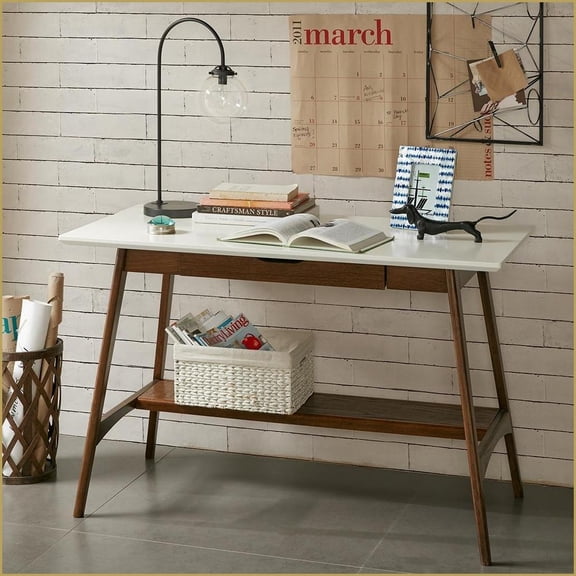 Desks, Mid-Century 48W Writing Desk with Drawer & Storage Shelf, Off-White Top/Pecan Base | Wood Frame