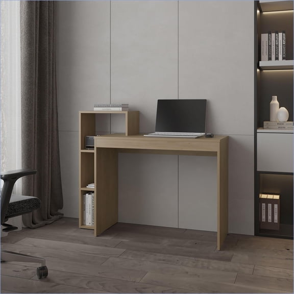 Desks | Minimalist Natural Oak Computer Desk with Open Storage | Particle Board | Compact Design