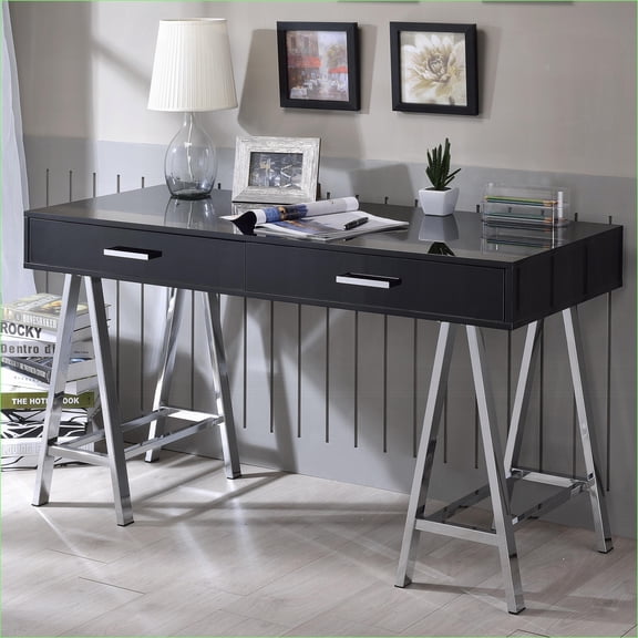 Desks | Modern 2-Drawer Writing Desk Black High Gloss & Chrome | 54W x 22D x 32H | Black+Silver | Wood+Metal