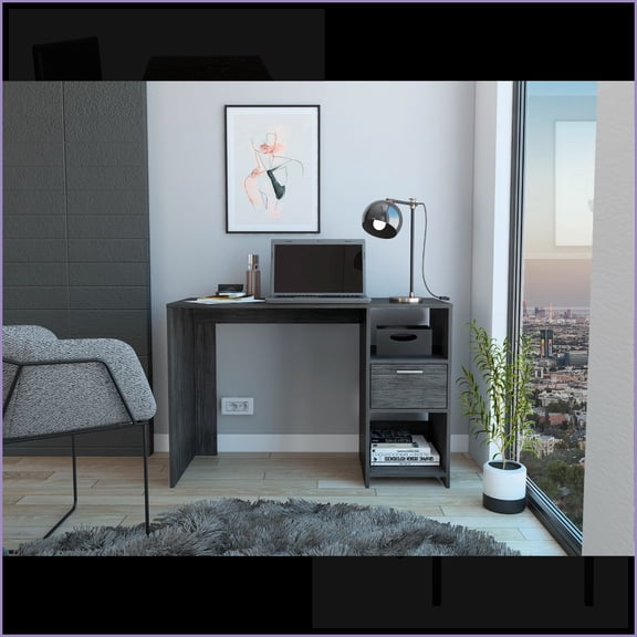 Desks, Modern 43.3''W Computer Desk with 1-Drawer & 2 Open Storage Shelves, Smokey Oak | Gray | Particle Board