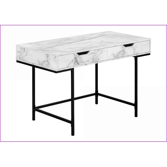 Desks, Modern 47.25" Home Office Computer Desk with 2 Drawers, White Marble-Look Laminate & Black Metal | White | Particle Board