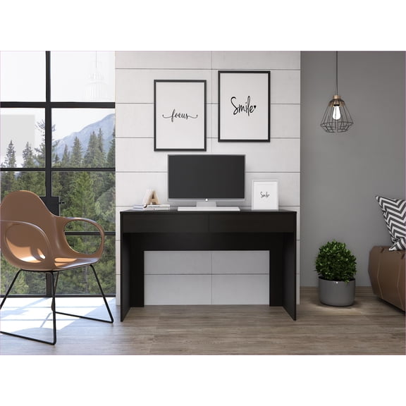 Desks, Modern 47.3-Inch Wide Computer Desk with Two Drawers | Black | Particle Board