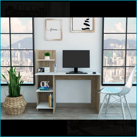 Desks, Modern 47”W Writing Desk with 3 Open Shelves | Multicolor | Engineered Wood