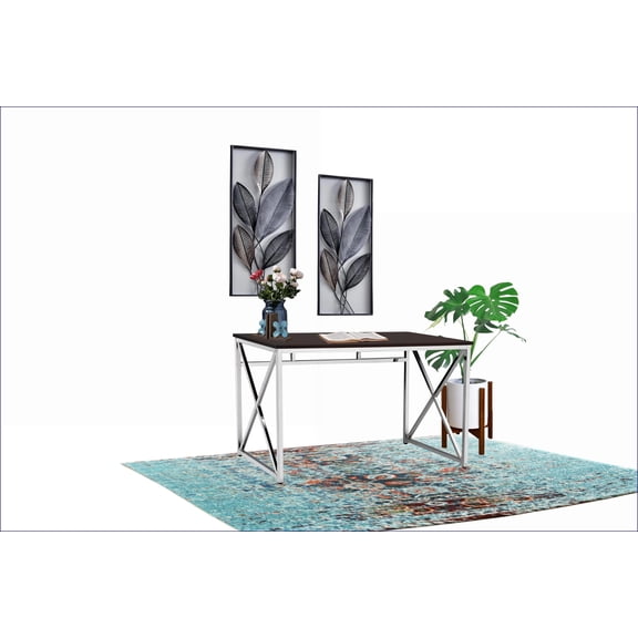 Desks, Modern 47 Wide Desk with X-Cross H Chrome Legs & Anti-Scratch Top | Brown | Engineered Wood