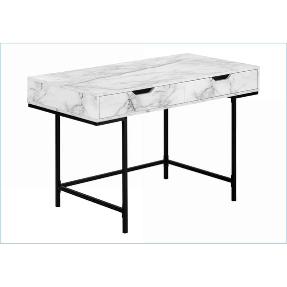 Desks, Modern 48 Home Office Computer Desk with 2 Drawers, White Marble Laminate & Black Metal | White | Particle Board