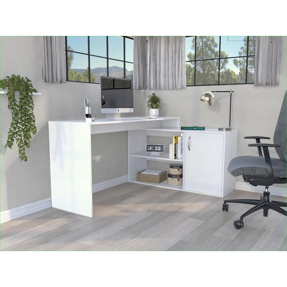 Desks, Modern 59 L-Shaped Computer Desk with Open & Closed Storage | White | Particle Board