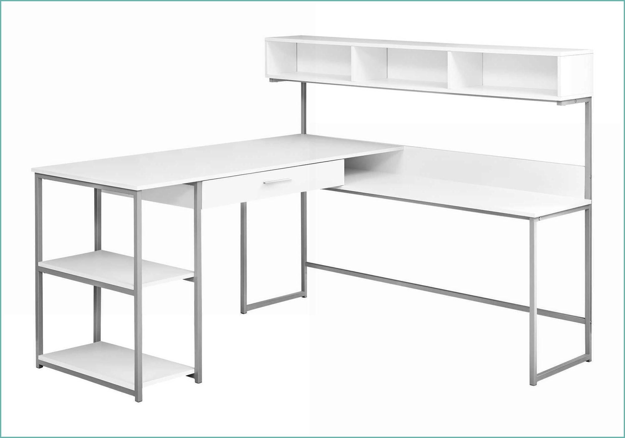 Desks | Modern 59” L-Shaped Corner Home Office Desk with Storage | White Laminate & Grey Metal | White | MDF