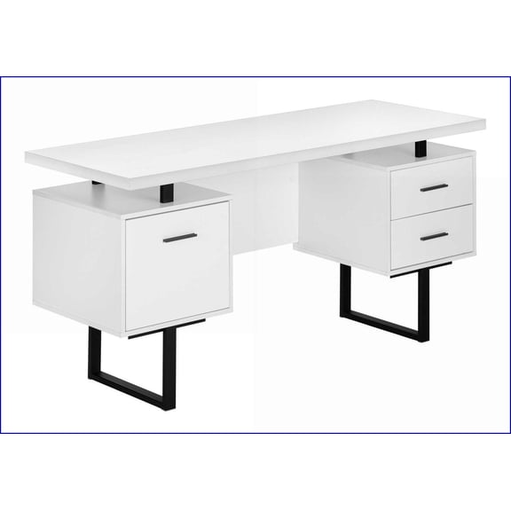 Desks: 60” Modern Computer Desk with Storage Drawers, Reversible Setup, White Laminate & Black Metal | White | Particle Board